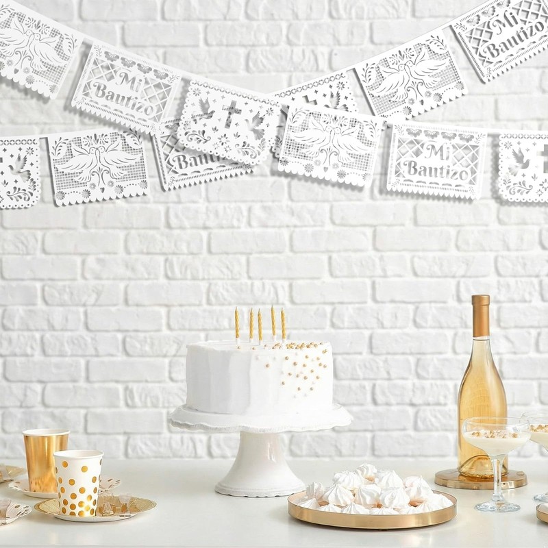 Frienda 6 Pcs Mi Bautizo Papel Picado Banner Baptism,White
