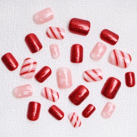 Christmas Press on Nails Xmas Red and White Stripes False Nails Short Square Fake Nails with Snowflake Design Winter Glitter Acrylic Nails Full Cover Christmas Nail Art Kit for Women Manicure 24 Pcs