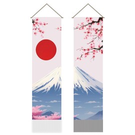 AHANDMAKER 2Pcs Cherry Blossom and Mount Fuji Asian Oriental Tapestry, Japanese Landscape Cultural Tapestry Hanging for Bedroom Living Room Zen Room Home Décor(45.7x13 Inch)