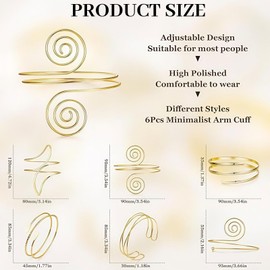 LunarCharm 6-Piece Gold Arm Cuff Set, Open Upper Arm Bracelet, Bangle for Women, Adjustable Arm Cuff Bracelet, Minimalist Spiral Leaf Bracelet Set