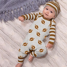 Ritatte Newborn Baby Boy Girl Football Jumpsuit Rugby Stripe Long Sleeve Romper Bodysuit Football Season Playsuit Outfit 0-18M(Gray-Brown,12-18M(100))