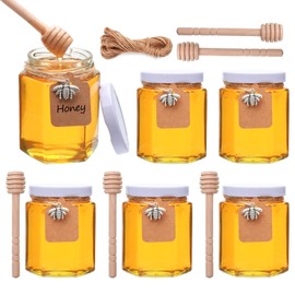 Woaiwo-q 6 oz 6 Pack Hexagon Glass Honey Jars, Glass Jars with White Lids,Silver Bee Pendants,Wooden Honey Sticks,Small Tags,1.5m Jute Twine -Clear Hexagon Jars for Honey,Jams, Liquid