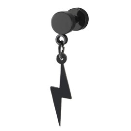 Pair of Black Barbell Circle Screw Stud Earrings with Dangling Lightning Bolt, Unisex Men Women(CA)