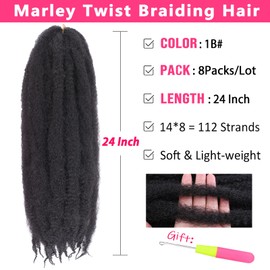RuiYok Marley Twist Braiding Hair 8 Packs 24 Inch Marley Hair Crochet Braids Long Afro Kinky Twist Crochet Hair for Women Jumbo Marley Twists Hair Natural Synthetic Curly Braiding Hair Extensions 1B#