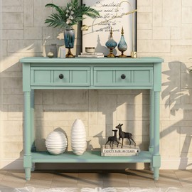 Merax Wood Farmhouse Entry Way Hallway Console Table with Drawers and Bottom Shelf Narrow Blue