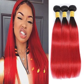 Red Straight Bundles Human Hair 1B/Red Human Hair Bundles 14 16 18 inch Ombre Two Tone Black and Fire Red Bundle Human Hair Double Weft Brazilian Human Hair Wet and Wavy Bundles Silky Soft