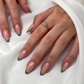 Vopintpy Green French Tip Press on Nails Long Almond Fake Nails with Glue on Nails Glossy Acrylic Stick on Nails for Women DIY Salon Nail