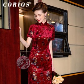 CORIOS Round Velvet Clutch Purses for Women Flower Evening Bag Vintage Handbag Bridal Wedding Purse Ladies Crossbody Bag Elegant Shoulder Bag for Wedding Banquet Prom Cocktail Party Red