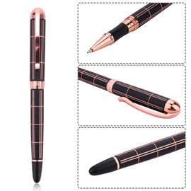 Rose Gold Gel Ink Rollerball Pen-Geometric Stripe Style Copper Grip Metal Pens in Gift Box with 1 Extra Refill (Black Ink, 0.7mm Fine Point), School Office Supplies Gift Pen Set for Her and Him
