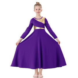 TLMNU Girls Praise Dance Dress Metallic Gold Liturgical Worship Church Robe Full Length Swing Lyrical Costume,005 Dark purple,Tag140, 9-10 Years