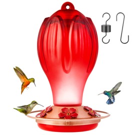 Petbank Hummingbird Feeders for Outdoors, 33OZ Glass Hummingbird Feeder with 5 Feeding Port and Perch, Hand Blown Glass Hummingbird Feeder with Ant Moat Hanging Hook, S Hook, Rope, Brush (Red)