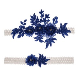 Juego de ligas de boda de encaje para novia, liga floral elástica para novia, azul y blanco, #1-azul real, Mediano