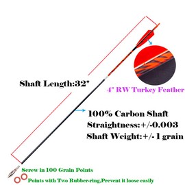 Pinals Archery Traditional Arrows 300 400 500 600 Spine Turkey Feather 32 Inch Carbon Shafts for Recurve Bow Longbow Hunting Targets 12PCS Spine 400