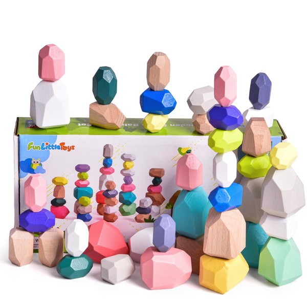 FUN LITTLE TOYS 40PCS Wooden Stone Balancing Set, Wooden Building Blocks Sorting Stacking Toys for Toddlers Kids Rocks Montessori Baby Puzzle Game Preschool Sensory Educational Toys for Age 3 4 5 6 7