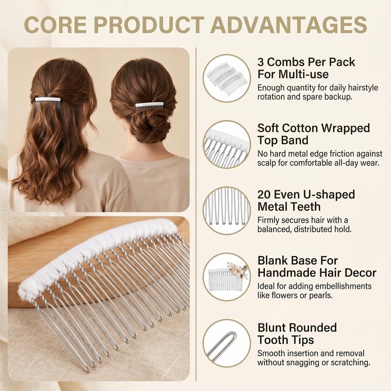 3 Pcs 20 Teeth Ribbon-Wrapped Bridal Veil Combs