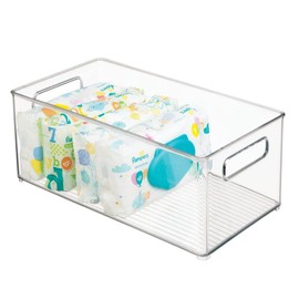 mDesign Plastic Deep Bin Organizer Caddy Container w/ Handles for Nursery, Kitchen, Pantry, Bathroom, Cabinet Storage Organization - Holds Snacks, Bottles, Baby Food Jar, Diaper - 14" Long -Clear