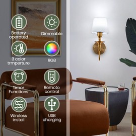 EIDISUNY Vintage Wall Sconces Set of 2, Wireless Wall Lamp with RGB Rechargeable Dimmable Bulbs, Brass-Color Battery Operated Wall Sconce with Remote for Bedroom, Living Room, Hallway Bulbs Included