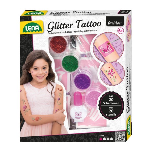 Lena 42440 Fashion Glitter Tattoo Set, Fashion Set for Styling and Decorating with 4 Glitter Colours, Brush, Latex and Ten Stencils, Washable Body Jewellery for Girls from 6 Years