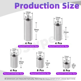 Swpeet 28Pcs 5 Sizes Metric M8 X 1.25-Pitch X 8mm/15mm/25mm/30mm/40mm Length 304 Stainless Steel Round Connector Nuts Coupling Nuts Assortment Kit, Female Thread for Camera Pan, Lamp Bracket