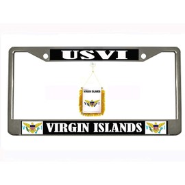 USVI Virgin Islands Chrome Metal Auto License Plate Frame Car Tag Holder with car Banner Flag