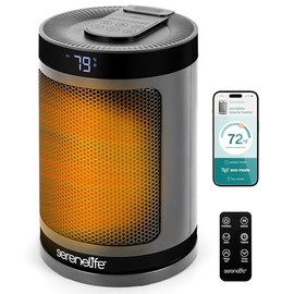 SereneLife Smart Space Heater – 1500W Indoor Electric Heater with Thermostat, Remote Control, 12-Hour Timer, Wi-Fi Enabled PTC Ceramic Heating for Home and Office, Gray (5.9" x 5.9" x 9.5")