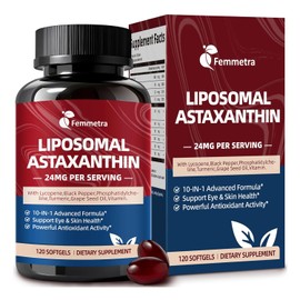 Liposomal Astaxanthin 24mg Supplements with Lycopene for Skin & Eye Health Support, 10-in-1 Max Strength Astaxanthin Antioxidant Supplement, Fresh Microalgae Source, Non-GMO, 120 Softgels