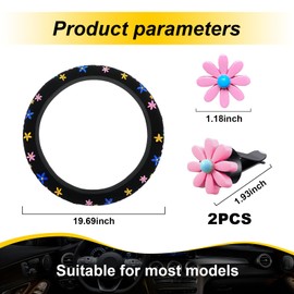 Augeny Cute Flower Floral Steering Wheel Cover, Embroidery Cute Flower Car Accessories Set with 2 Air Vent Clip Flowers, Universal Auto Interior Decor for Women Girls