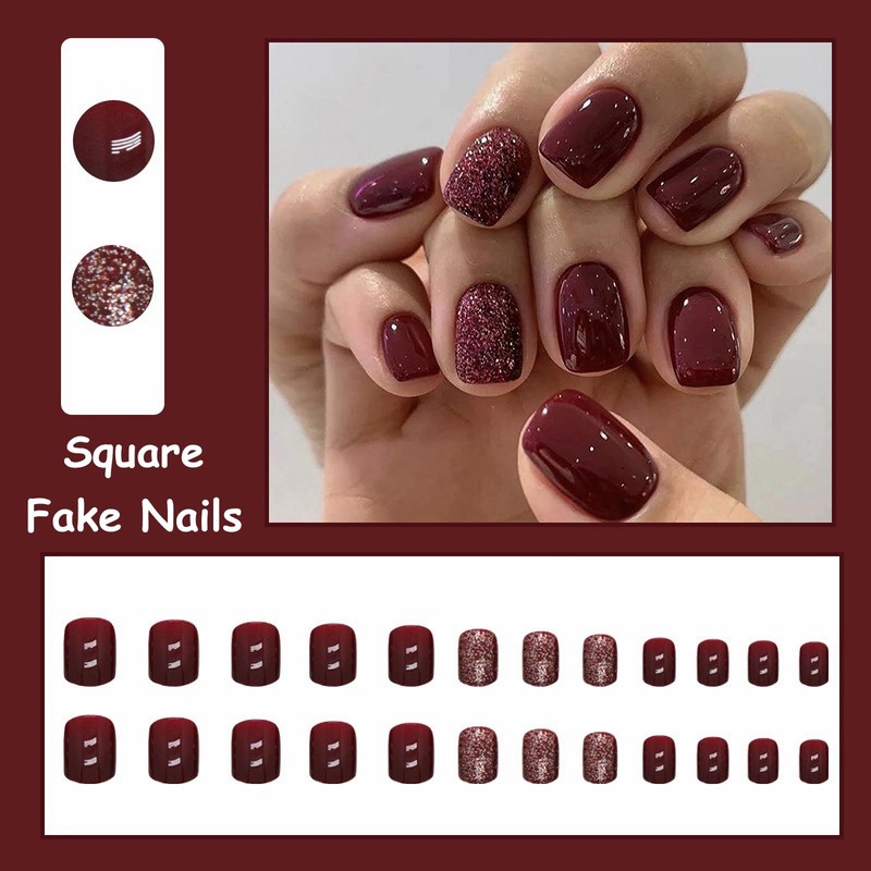 MISUD Wine Red Press on Nails Short Square Fake Nails