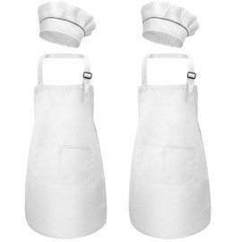 4 Piece White Children's Apron and Chef Hat Set, Children's Kitchen Garden Aprons with Pockets for Boys Girls, Toddler Cooking Apron Kitchen Apron for Cooking Baking Painting Crafts (M for 3-6 Years)