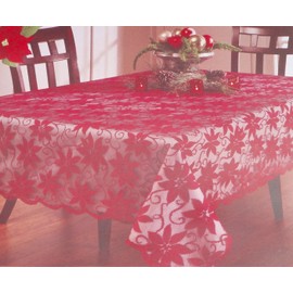 Benson Mills Valentine's Day / Christmas Red Poinsettia Flower Floral Lace Easy Care Fabric Tablecloth Overlay Linens 70" Round Size