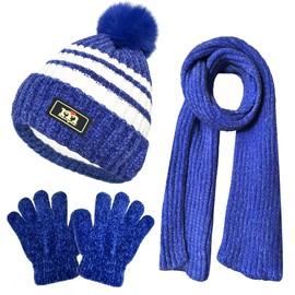 Kids Toddlers Winter Beanie Hats Gloves Neck Warmer Scarf Set Gifts for Girls Boys (Long Scarf Blue)