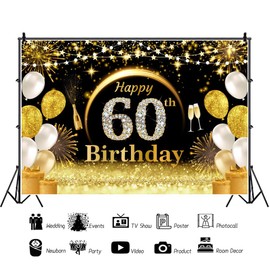 Leowefowa 10x8ft Vinyl Backdrop Happy 60th Birthday Party Decor Banner Backdrop Black and Gold Glitter Ballon Photography Background Wen Women Adult Birthday Party Supplies Photo Studio Booth Props