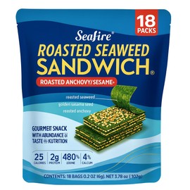 Roasted Seaweed Sandwich with Anchovy & Sesame, 25 Calories per Serving, 2g Protein, High in Fiber & Calcium – Crunchy, Savory, Low-Calorie Snack,18 Snack Packs (3.68 oz)