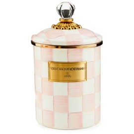 MACKENZIE-CHILDS Rosy Check Enamel Canister, Pink-and-White Kitchen Storage Container with Lid, Medium