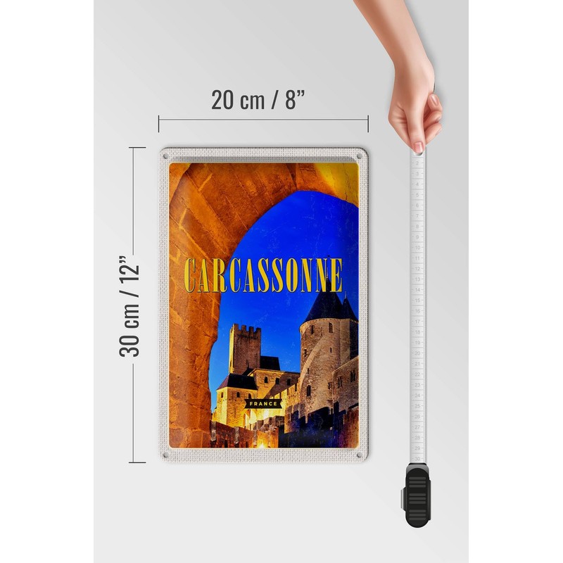 Tin Sign with Retro Carcassonne France Medieval Travel Design 20