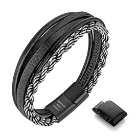 murtoo Mens Bracelet Leather with Steel Chain, 'Chain of Freedom' Brown and Black Leather Bracelet with Adjustable Clasp for Men Gift (vintage silver and black, 8.5 inch)