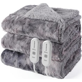 Dowin Heated Blanket King Size, Dual Controllers Faux Fur Electric Blankets, Tie-dye Plush Heating Blanket, Over-Heat Protect, 5 Heating Levels, Machine Washable (100"x 90" Grey)