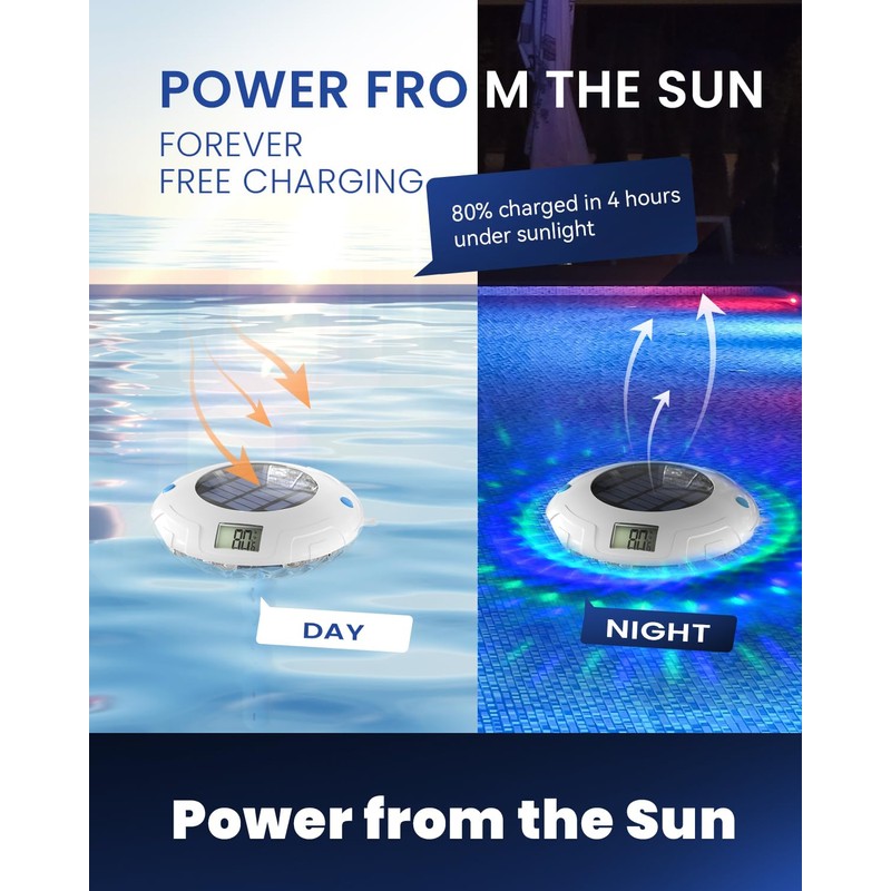 PoolPrime Pool Thermometer Easy to Read, Solar Pool Light with