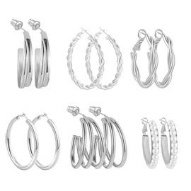 KASFREE 6 Pairs Large Gold Hoop Earrings for Women Chunky Huggie Hoop Earrings Big Hoops Earrings for Women Silver Hoops Big for Women, Stainless Steel, No Gemstone