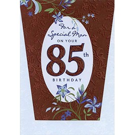 Designer Greetings Blue Flowers on Brown Die Cut Top Fold Age 85 / 85th Birthday Card for Him