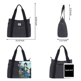 HAWEE Canvas Women's Handbag Shopper Tote Bag Large Shoulder Bag with Zip Shoulder Bag Retro Carry Bag Lightweight Handbag for Travel Work School Shopping Beach Everyday, black, Casual, fashionable