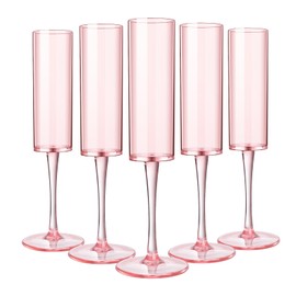 DI QIU REN 12 Pcs Pink Champagne Flutes Plastic, 6 OZ Square Pink Champagne Glasses Reusable Stemmed Wedding Champagne Flutes Unbreakable Shatterproof Wedding Toasting Flutes for Party Wedding Holiday