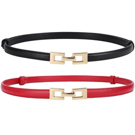 Doneboo Pack of 2 Skinny Belts, Slim Waist Belt for Women, Adjustable Thin Belt, Leather Belt with Gold Metal Buckle for Dress, Red and black