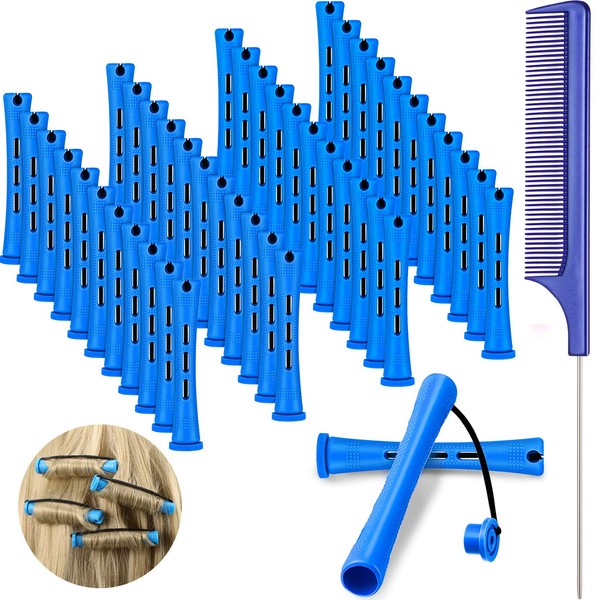 48 Pieces Hair Perm Rods Short Cold Wave Rods Plastic Perming Rods Hair Curling Rollers Curlers with Steel Pintail Comb Rat Tail Comb for Hairdressing Styling Supplies (0.35 Inch, Blue and Dark Blue)