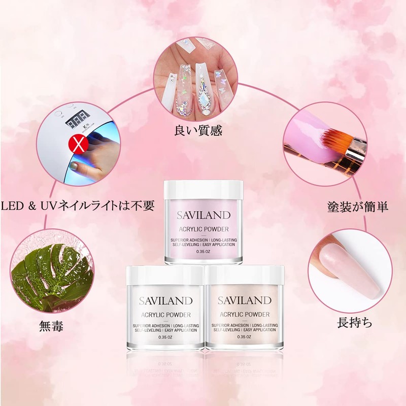 Saviland Long Nail Powder Kit, U V/LED Light, 3 Colors