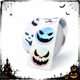 Halloween Ghost Face Stickers Roll 500PCS 1 Inch Round Holographic