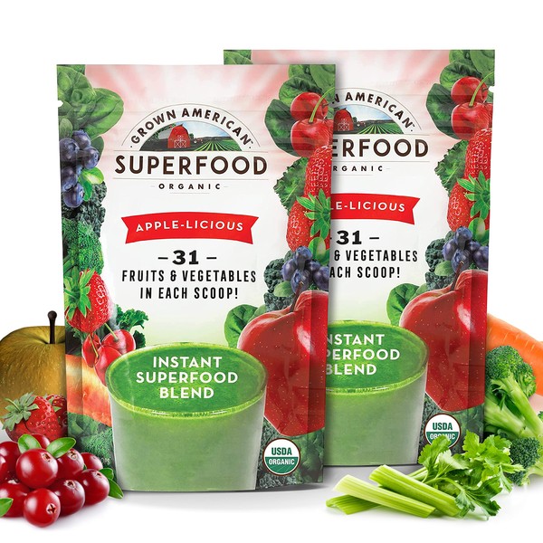 Grown American Superfood - 31 Organic Whole Fruits and Vegetables Concentrated Green Powder Increase Energy and Performance - 100% Certified Organic and Vegan Non-GMO (28 Servings, 2 Bags)