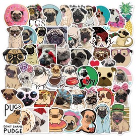 Kawaii Pug Dog Stickers, 50 Pcs Cute Shar Pei Animal Waterproof Stickers Decal for Water Bottles, Laptop, Package, Luggage, Skateboard, Guitar, Scrapbook Decorate For Kids Girls Teens (Pug)