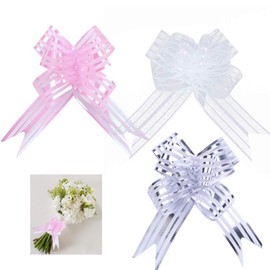 Pull Bows 50mm 30 Packs Large Organza Pulled Bow for Gift Wrapping Wedding Car Decoration Christmas Flower Gift Wrapping Pull Bow with Ribbon for Wedding Gift Baskets Silver Pink White