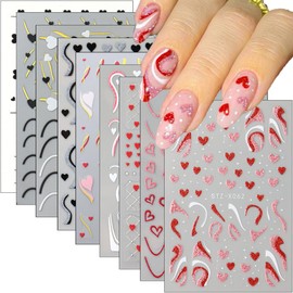 9 Sheets Heart Nail Stickers Valentine's Day Nail Art Stickers Love Hearts Nail Decals 3D Self-Adhesive Black Red White Glitter Love Heart Designs Acrylic Nails DIY Manicure Decoration Kit for Women